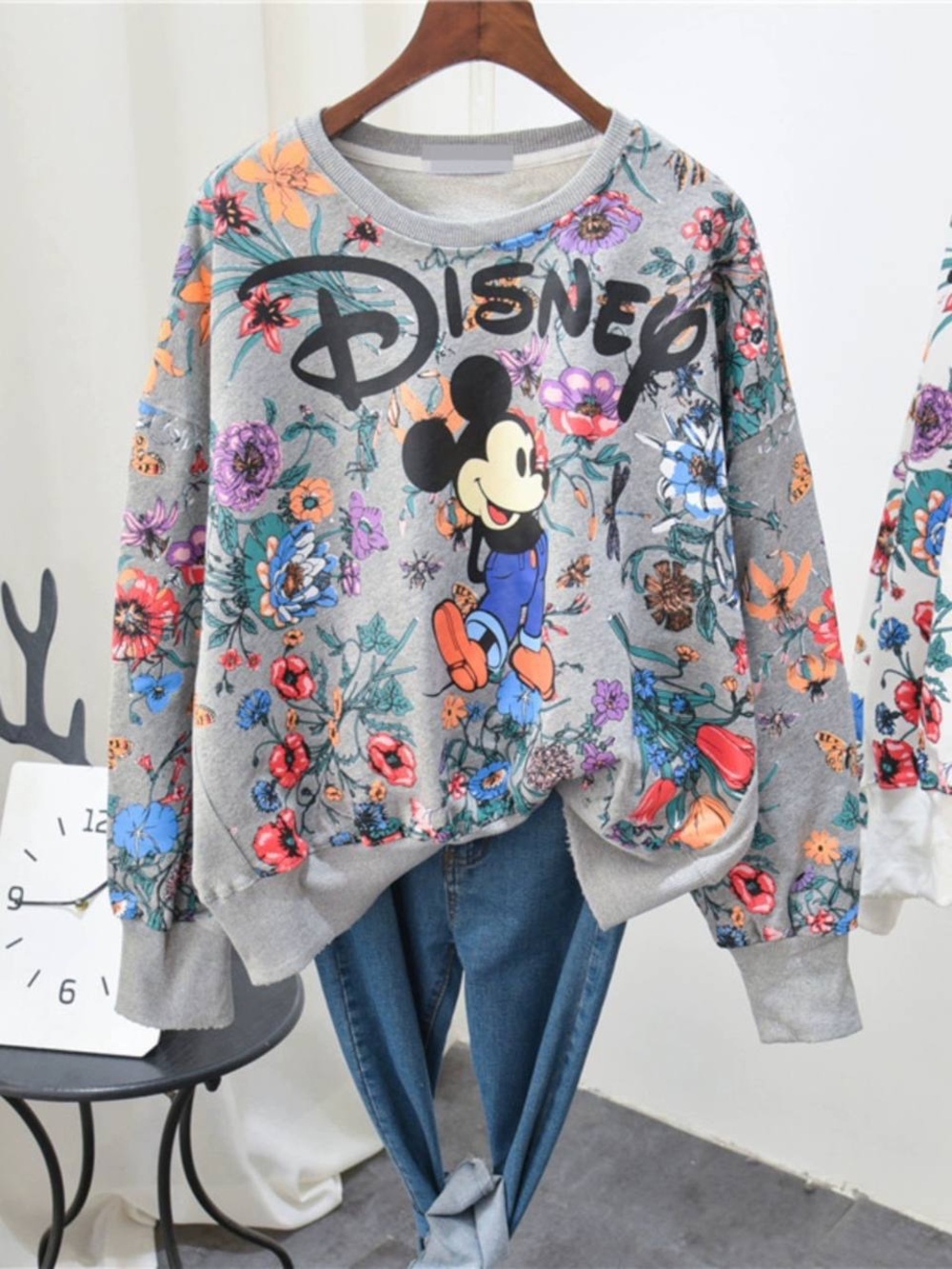 Disney Grey Floral Mickey Sweatshirt with Colorful Blooms - Picture 2 of 9
